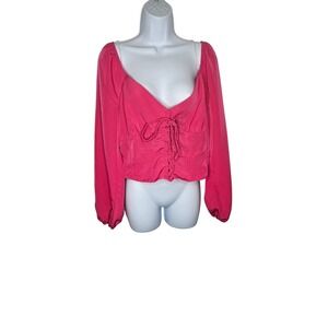 rue21 Pink Smocked Long Sleeve Crop Top Drawstring Front Boho Peasant‎ Size L